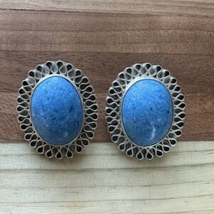 Vintage Taxco Clip Earrings 1 Inch Ribbon Frame Acrylic Swirl 925 Sterling 15.5g